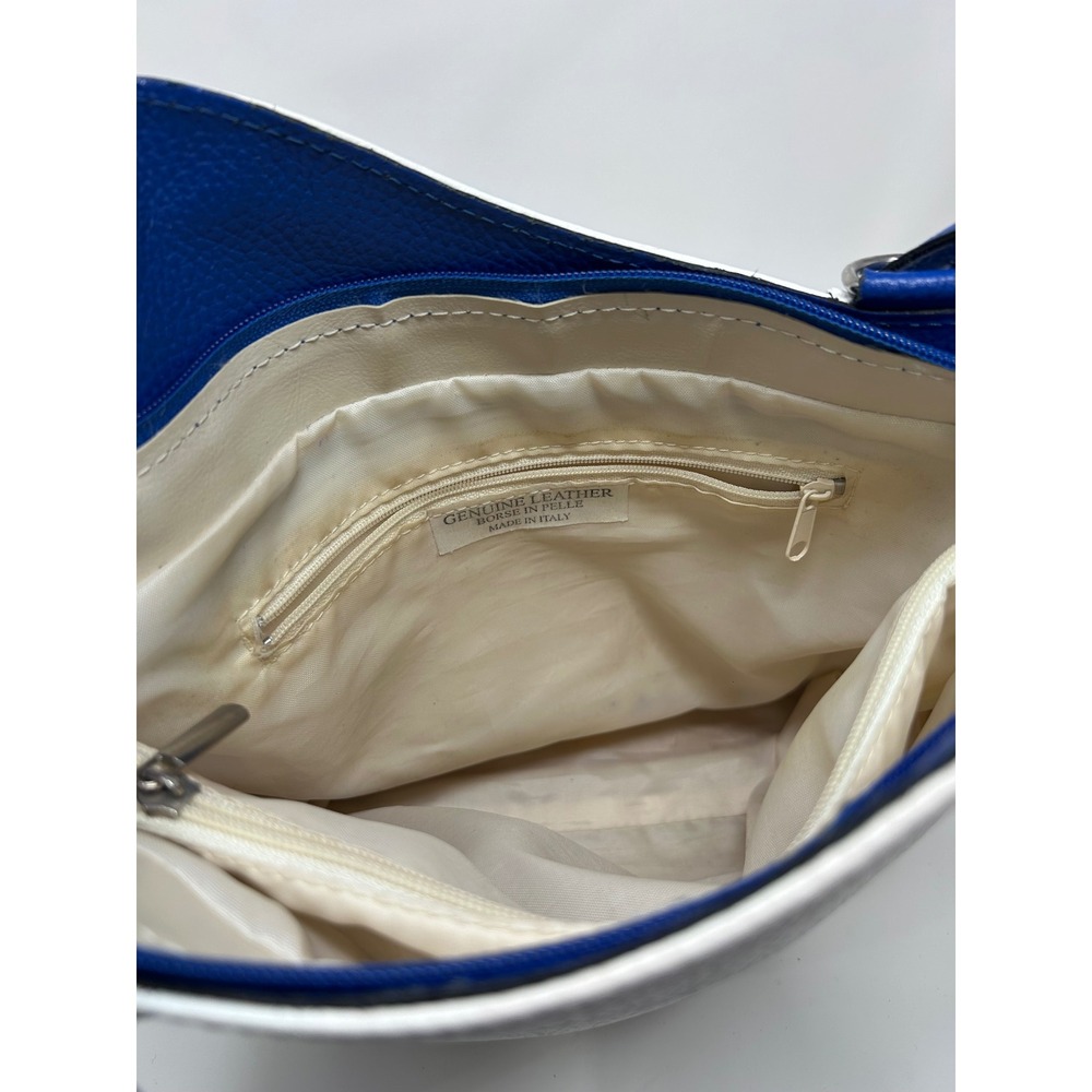 Genuine‎ Leather Made in Italy White Blue Slouchy Shoulder Bag Tote Pebbled - Picture 7 of 13